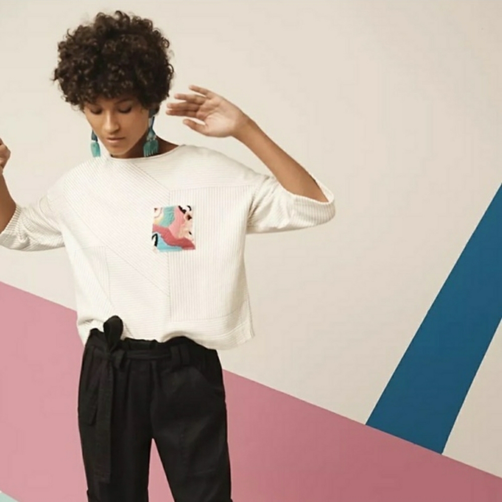 Anthropologie White Boxy Sweatshirt with Multicolor Pocket